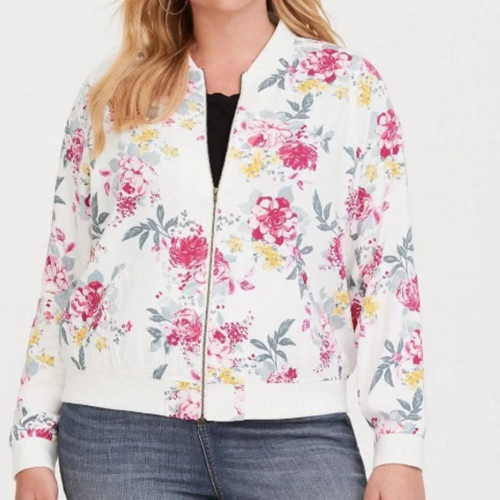 Torrid Floral Bomber Jacket Sz 3 Plus Size Zip Up Retro 80s Grandmacore - Picture 1 of 16